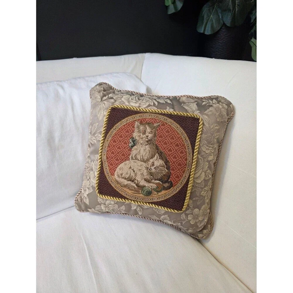 Vtg Tapestry Brocade Cats Throw Accent Pillow 16x16